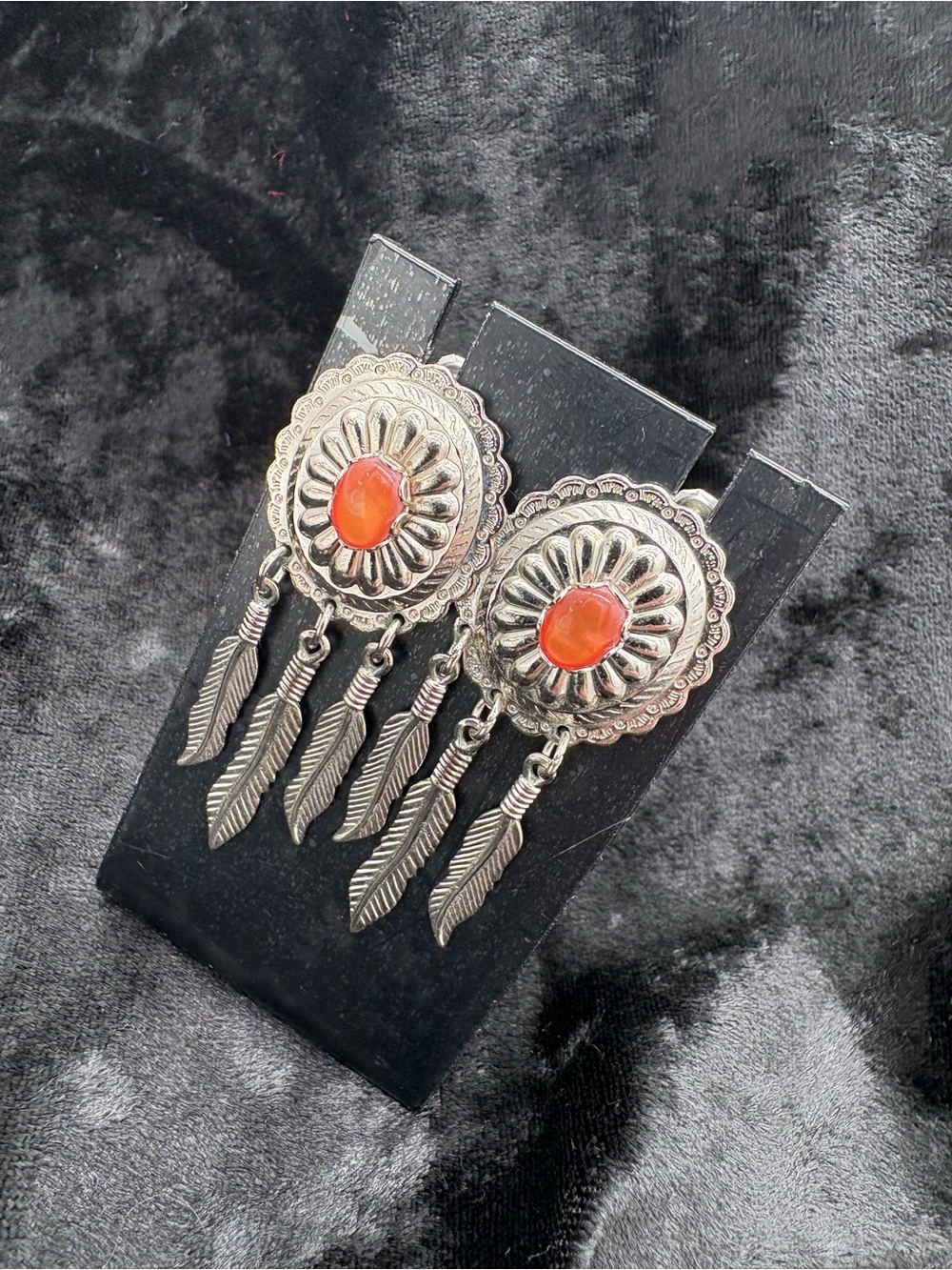 Silver-Tone Feather Drop Earrings with Orange Stone - Women Jewelry